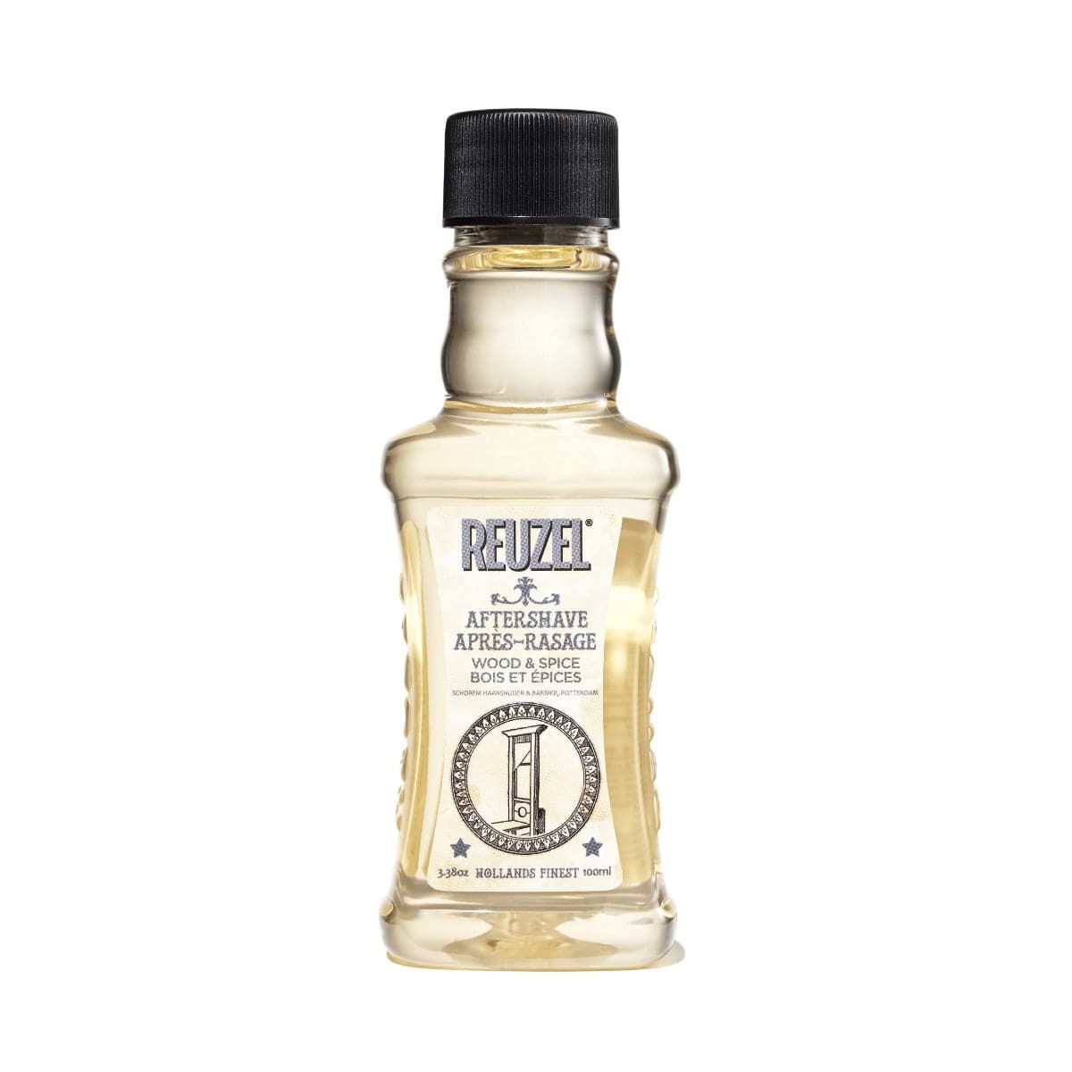 Reuzel Wood & Spice beard aftershave bottle with wood cap and spicy fragrance, ideal for grooming and skin soothing.