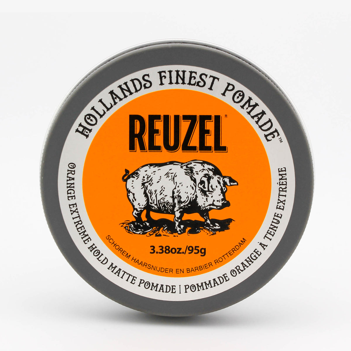 Reuzel Orange Extreme Hold matte pomade jar showcasing vibrant orange packaging and product label.