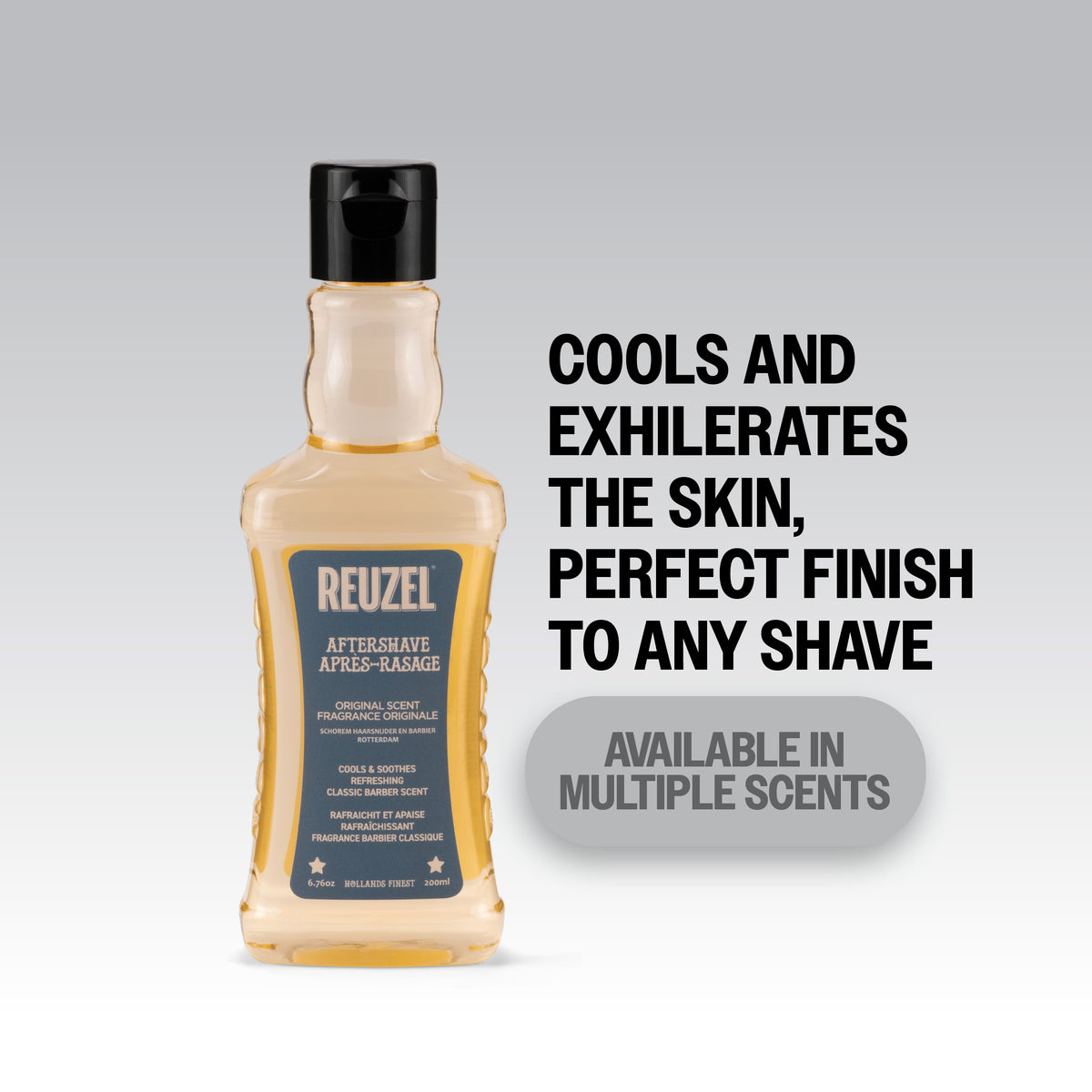 Reuzel aftershave bottle with a sleek design, featuring dark packaging and metallic accents, suitable for men's grooming.