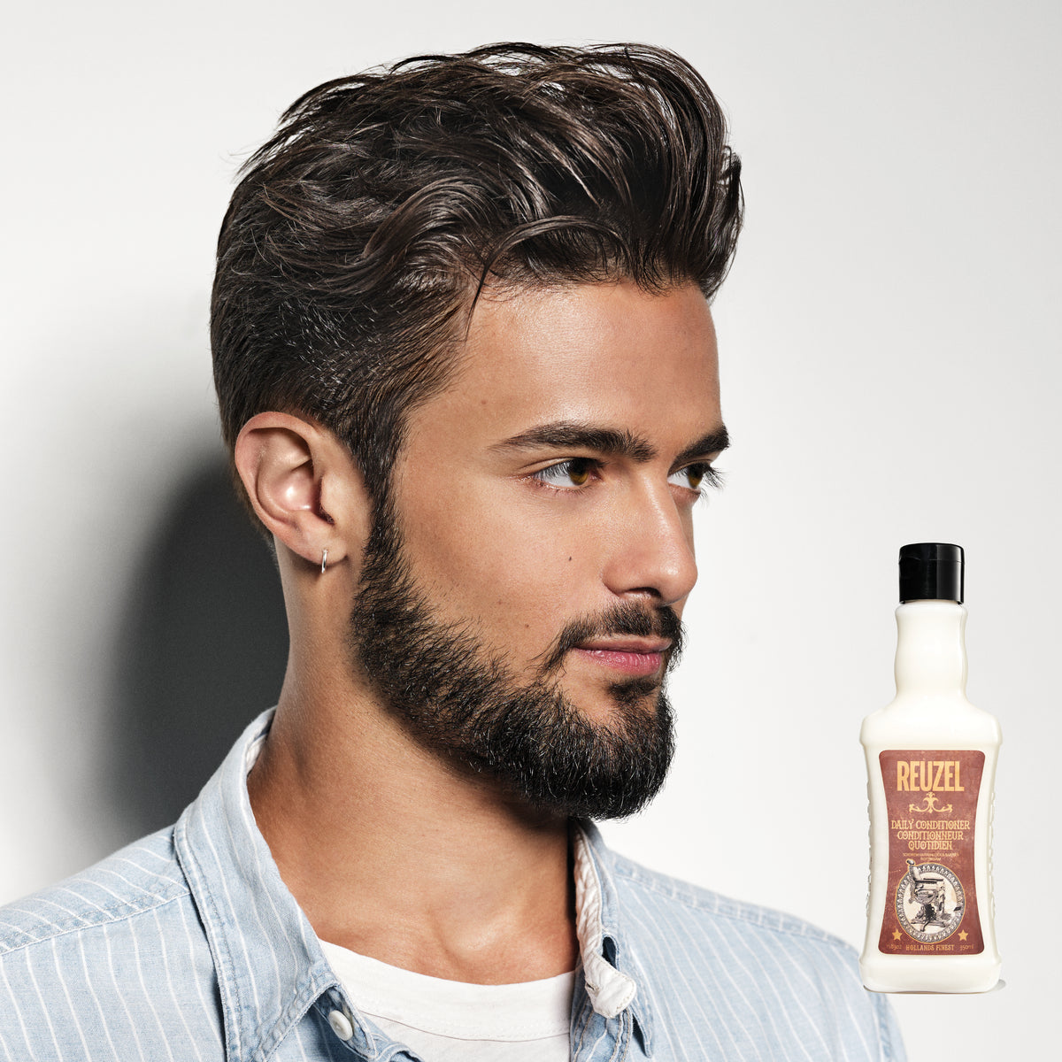 Reuzel Daily Conditioner bottle with label, featuring a sleek design and cap, designed for nourishing hair care.