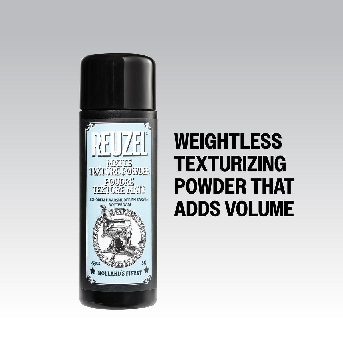Reuzel Matte Texture Powder for hair styling, showing a container of styling powder with a matte finish and textured packaging.
