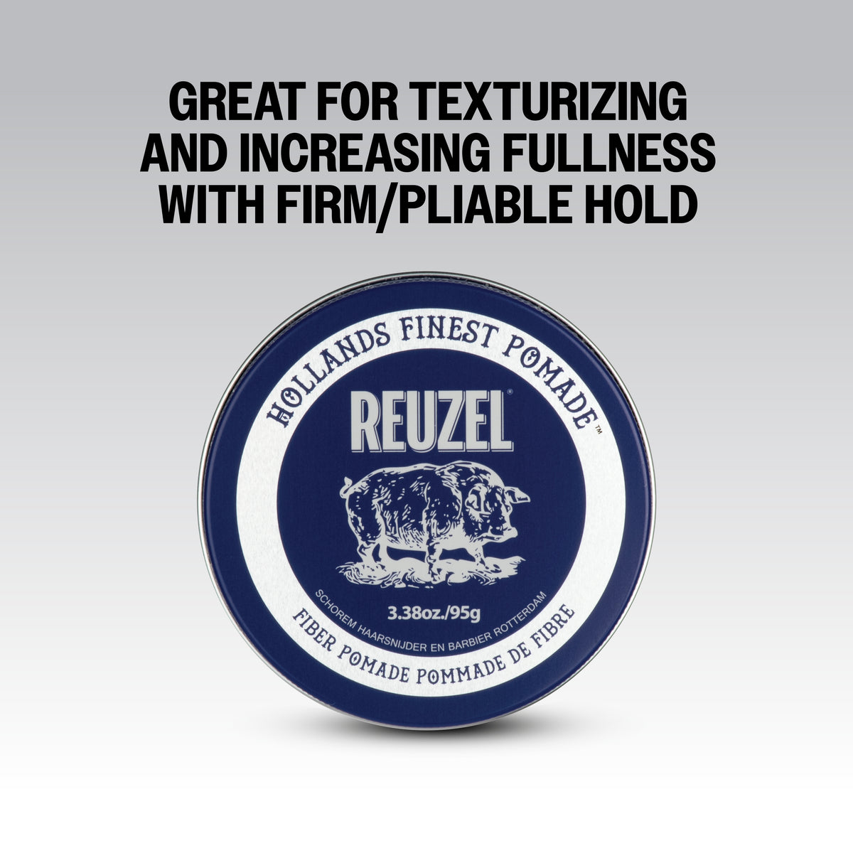 Reuzel Fiber Pomade jar showing the product's label and packaging for versatile hair styling with fiber hold.