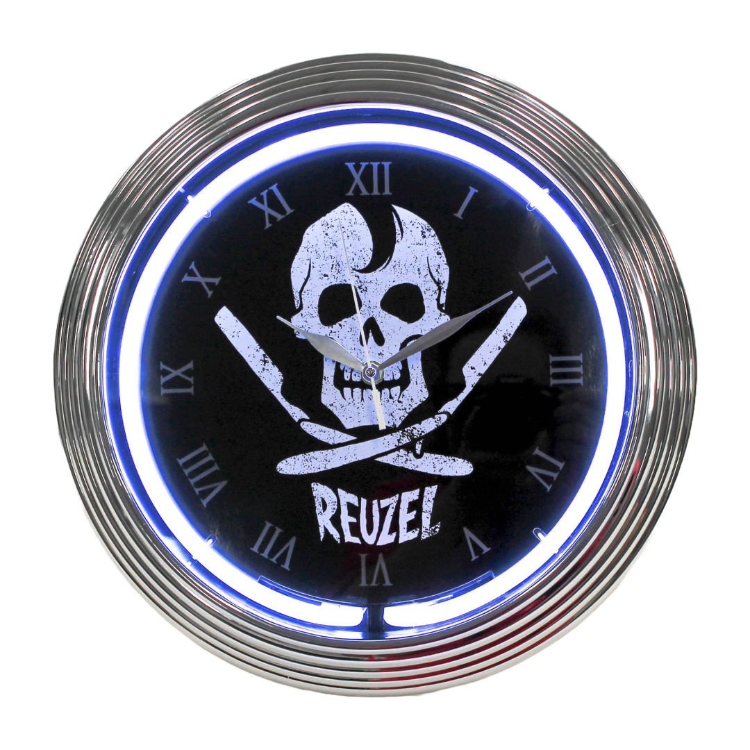 White background image of the Vendor Jolly Roger Neon Clock featuring a pirate skull design with vibrant neon lighting.