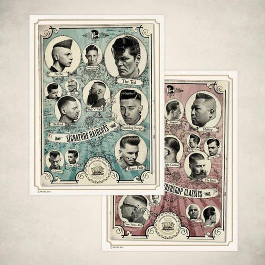 Reuzel Barbershop Classics poster set featuring vintage-inspired graphics for barber shop decor.