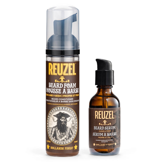 Reuzel Clean & Fresh Beard Gift Set with beard oil, balm, and grooming tools in a stylish package.