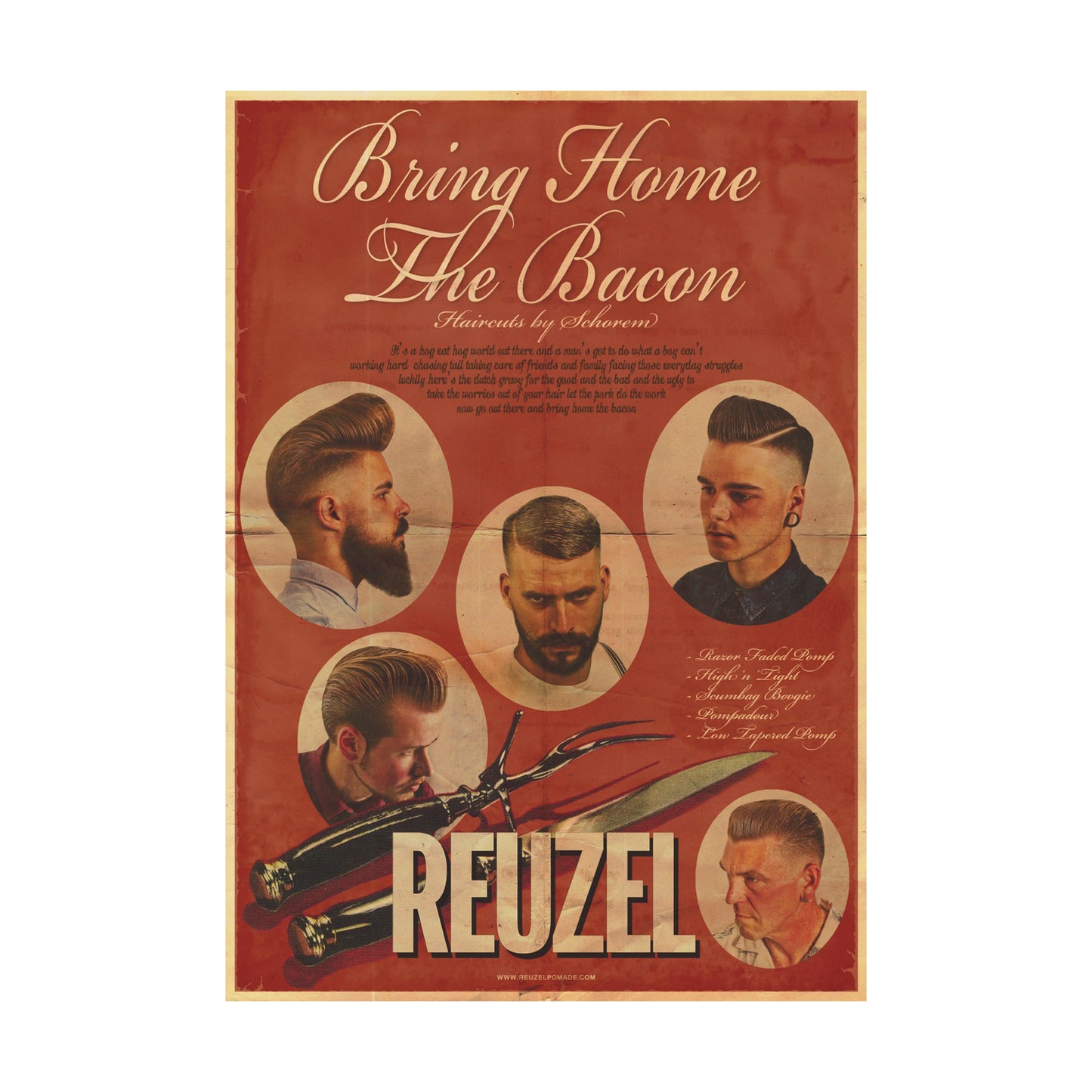 Reuzel Bring Home The Bacon poster featuring bold text and graphic design, ideal for barber shop or grooming room decor.