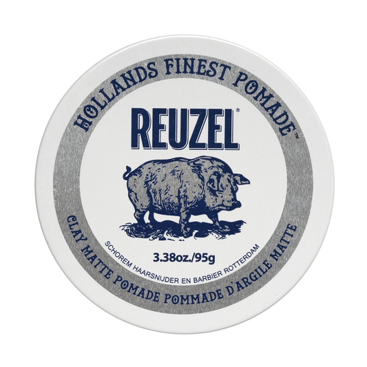 Reuzel Clay Matte Pomade jar with black lid and label, showing the product name and branding on the container.