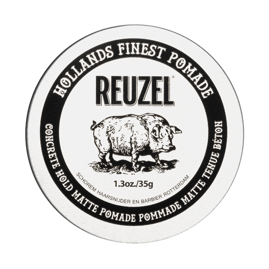 Reuzel Concrete Hold Matte Pomade jar with black label and white lid, showcasing the product's packaging and branding.
