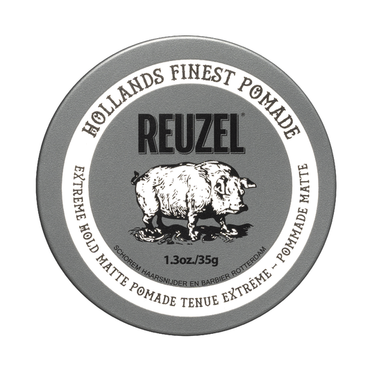 Reuzel Extreme Hold Matte Pomade jar with black lid and label, showcasing the product's matte finish and styling hold.