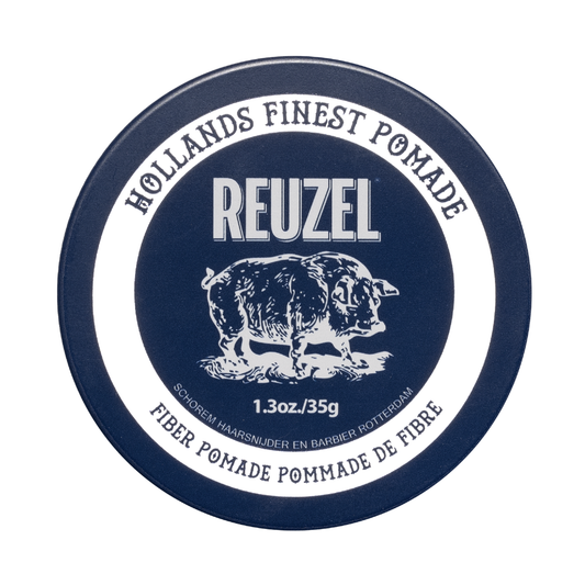 Reuzel Fiber Pomade jar with a black lid and label, showcasing the product's packaging for textured, flexible hair styling.