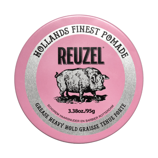Reuzel Pink Pomade Grease jar with pink label and lid, showcasing the classic styling product in a close-up shot.