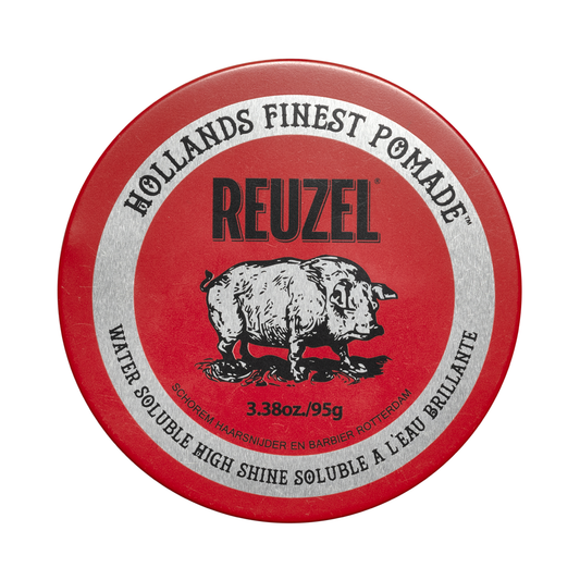 Red Reuzel Pomade jar with red lid, showcasing the classic styling product for hair grooming and hold.