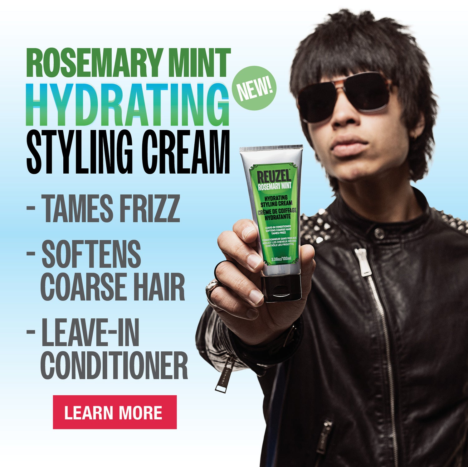 A promotional banner for Reuzel Rosemary Mint Hydrating Styling Cream, featuring a man in sunglasses holding up the green and white styling cream tube against a light blue gradient background with product text on the right.