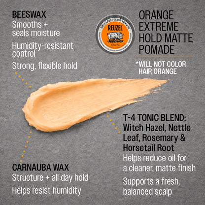 Reuzel Orange Extreme Hold Matte Pomade container with label, showcasing the product for strong, matte hairstyle hold.