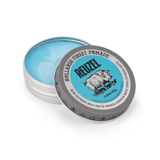 Reuzel Blue Extreme Hold Matte Pomade jar with blue label and silver lid, showcasing the product's packaging and branding.