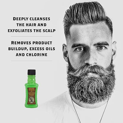 Man with a beard and pompadour hairstyle next to a bottle of reuzel scrub shampoo with text about its benefits.