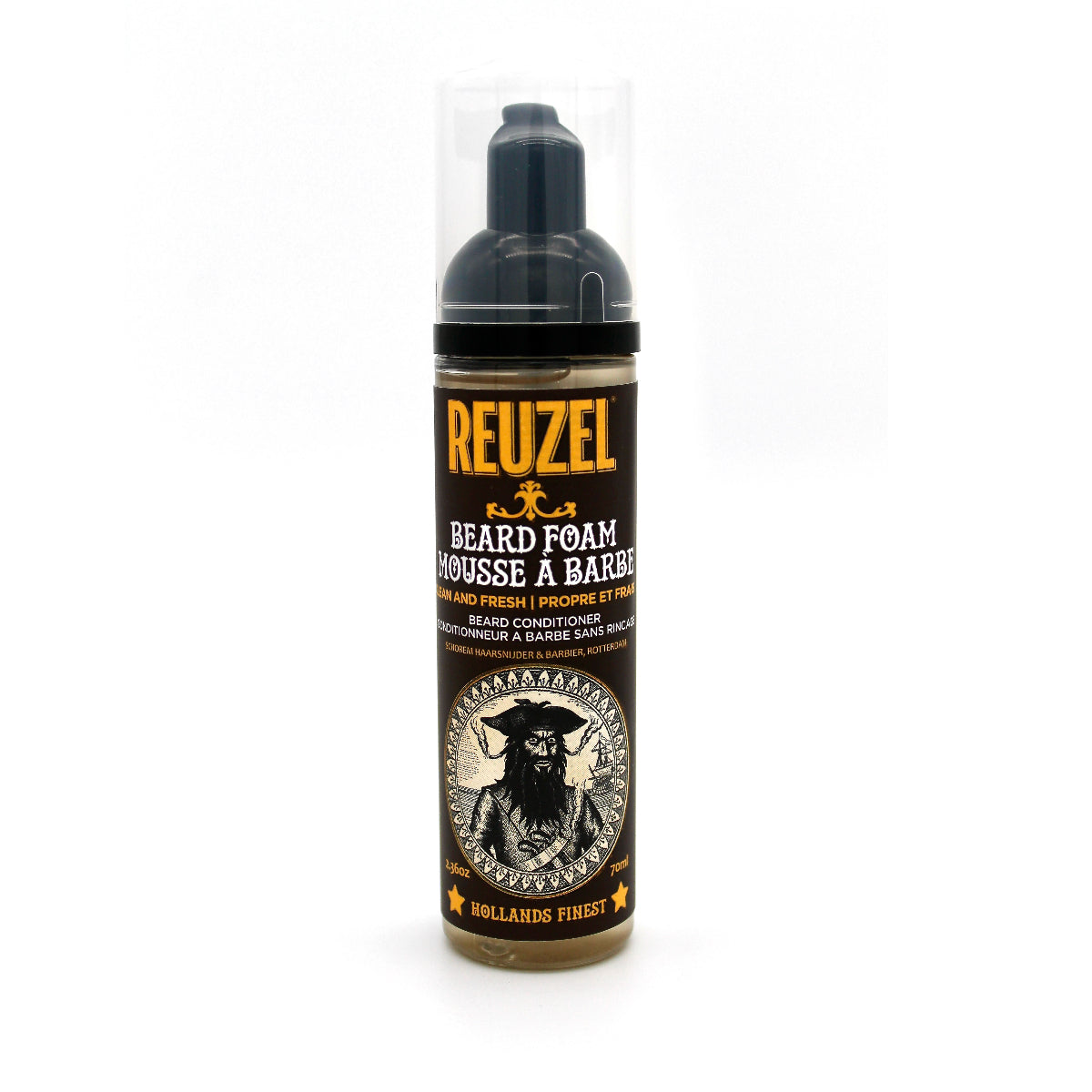 Reuzel Clean & Fresh Beard Foam in a bottle, showcasing a grooming product for beard care and freshness.