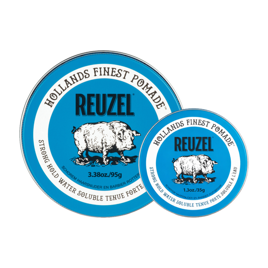 Reuzel Road Trip To Go Blue Pomade jar with blue lid and label, ideal for styling hair with a glossy finish.