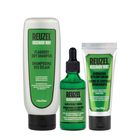 Reuzel Rosemary Mint Trio of hair styling products with rosemary and mint ingredients in a bundle, suitable for grooming and styling.
